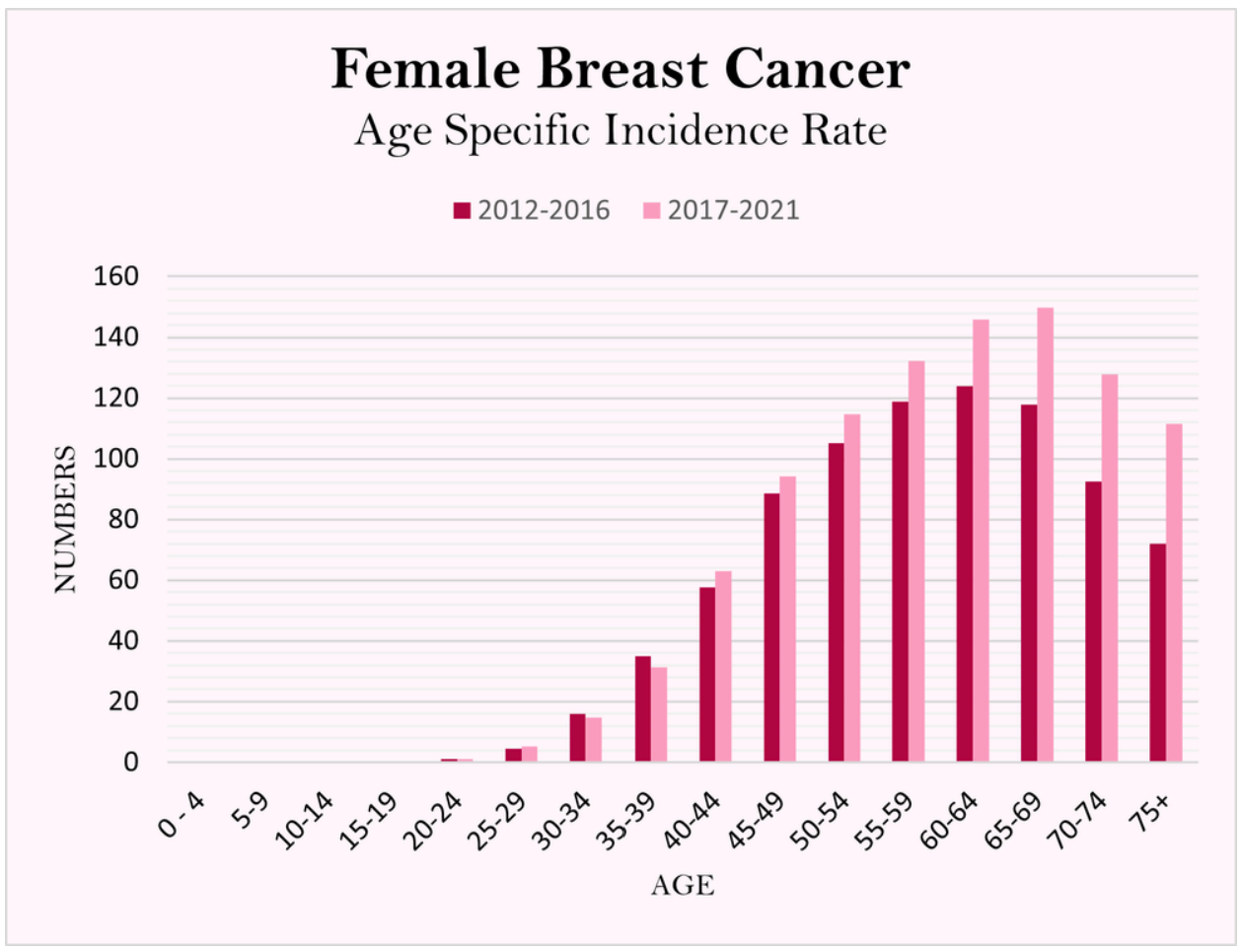 Bar chart: Female breast cancer age-specific incidence rate comparing 2012-2016 and 2017-2021, rising sharply from age 40 and peaking in the 60-69 age groups.